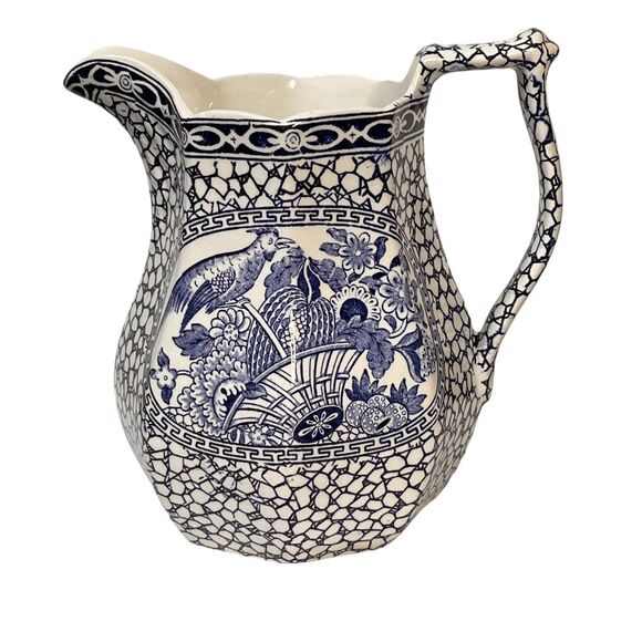 Vtg English William Adams Double Sided Blue & White Pottery Pitcher Oriental - Picture 2 of 12
